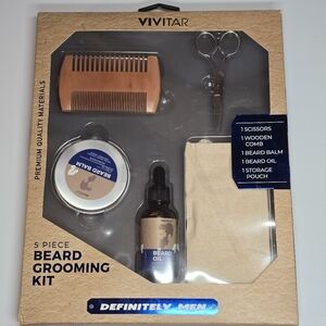 Mens Vivitar 5 Piece Beard Growing/Grooming/Styling Kit-Scissors,Comb,Balm,Oil